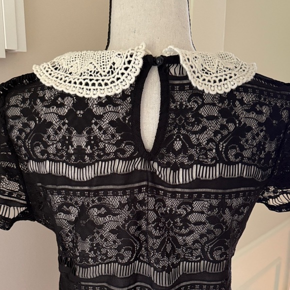 Forever 21 Sheer Black Lace Crochet Peter Pan Collar Short Sleeve Top M - Picture 5 of 8